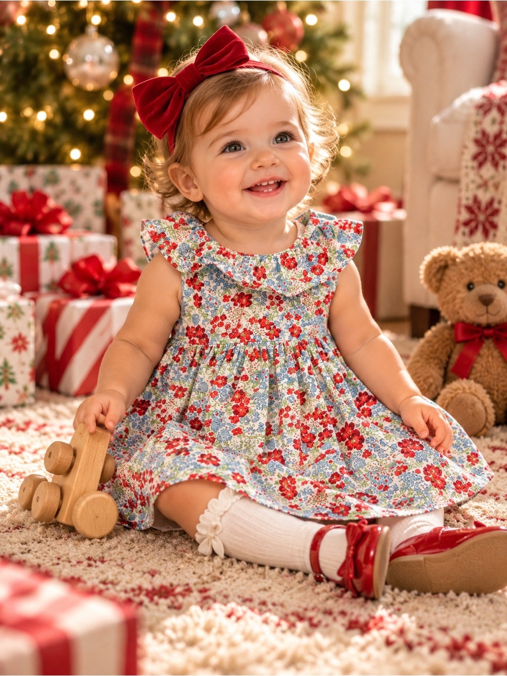 Edgehill Collection Baby Girl 9M Floral Ruffle Dress 100% Cotton Red Blue